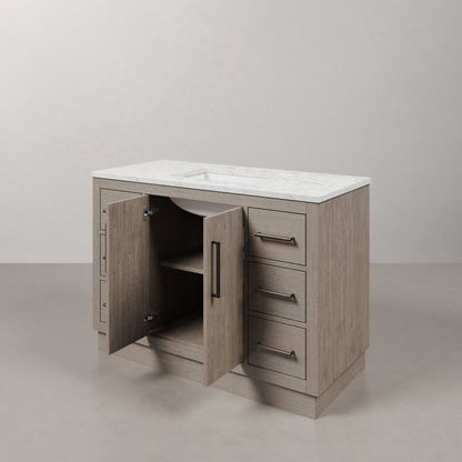 Hugo 48 in. x 34 in. H White Basin Vanity in Grey Oak with White Marble Vanity Top | Water Creation