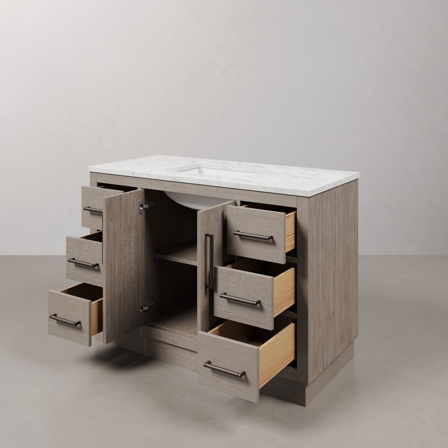 Hugo 48 in. x 34 in. H White Basin Vanity in Grey Oak with White Marble Vanity Top | Water Creation