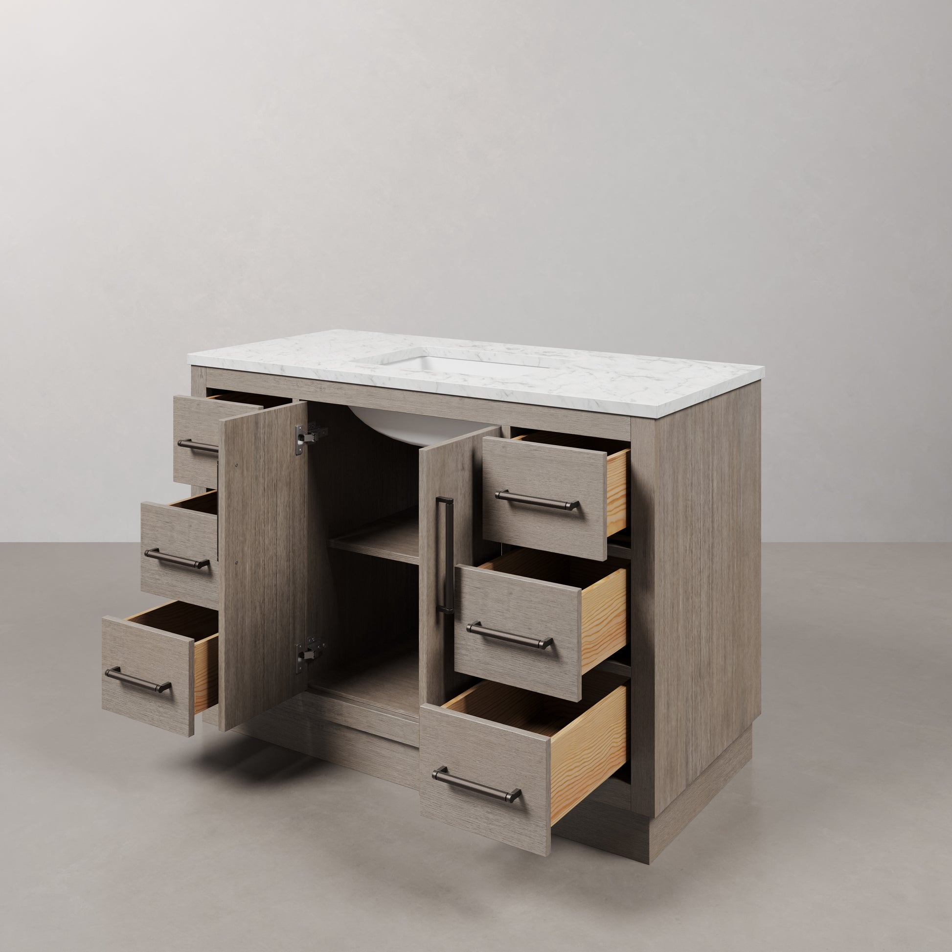 Hugo 48 in. x 34 in. H White Basin Vanity in Grey Oak with White Marble Vanity Top | Water Creation