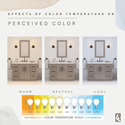 Color temperature comparison of the 48 inch Water Creation Hugo grey oak single sink bathroom vanity under warm, neutral, and cool light