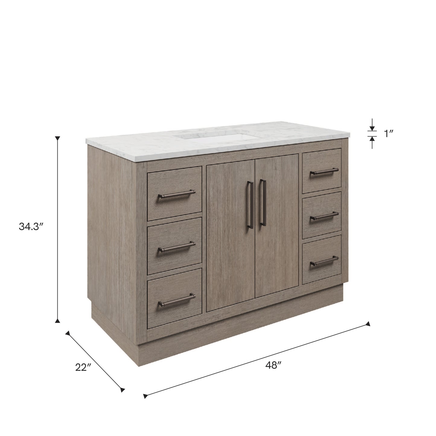 Dimensions diagram for the 48 inch Water Creation Hugo grey oak single sink bathroom vanity with white marble top