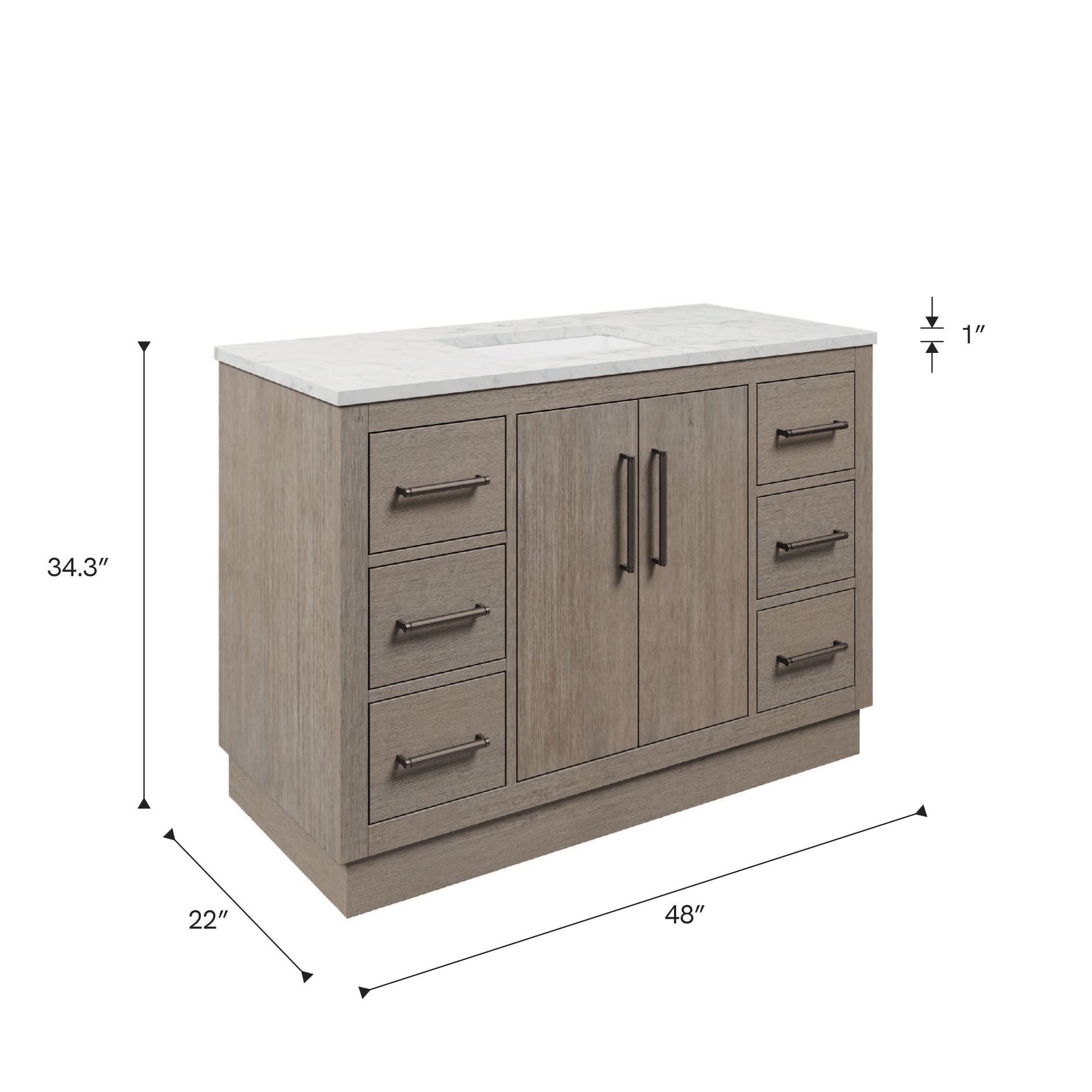 Dimensions diagram for the 48 inch Water Creation Hugo grey oak single sink bathroom vanity with white marble top