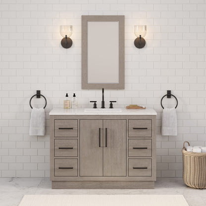Hugo 48 in. x 34 in. H White Basin Vanity in Grey Oak with White Marble Vanity Top | Water Creation