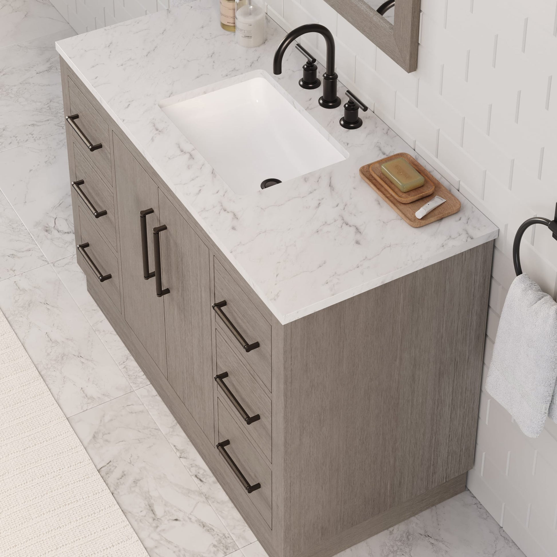 Hugo 48 in. x 34 in. H White Basin Vanity in Grey Oak with White Marble Vanity Top | Water Creation