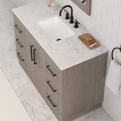 Hugo 48 in. x 34 in. H White Basin Vanity in Grey Oak with White Marble Vanity Top | Water Creation