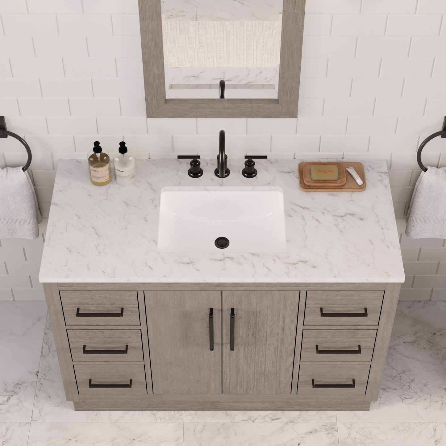 Hugo 48 in. x 34 in. H White Basin Vanity in Grey Oak with White Marble Vanity Top | Water Creation