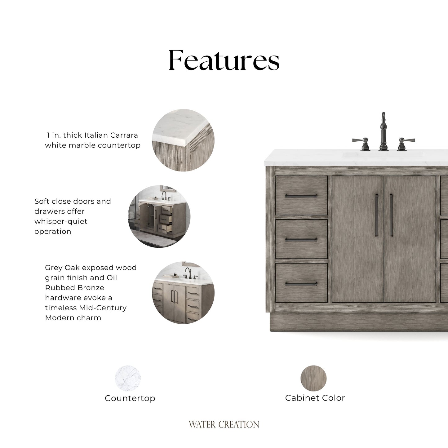 Hugo 48 in. x 34 in. H White Basin Vanity in Grey Oak with White Marble Vanity Top | Water Creation