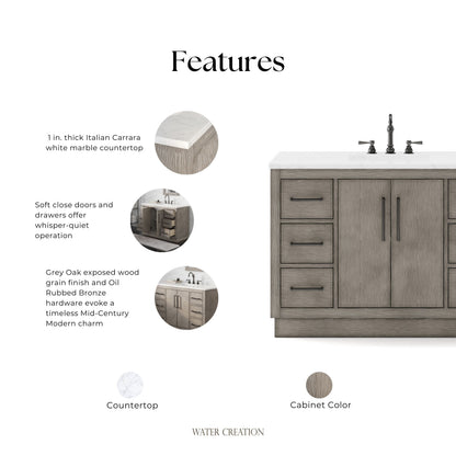 Hugo 48 in. x 34 in. H White Basin Vanity in Grey Oak with White Marble Vanity Top | Water Creation