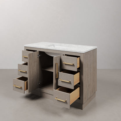 Hugo 48 in. Bath Vanity in Grey Oak with Marble Vanity Top in White with White Basin | Water Creation