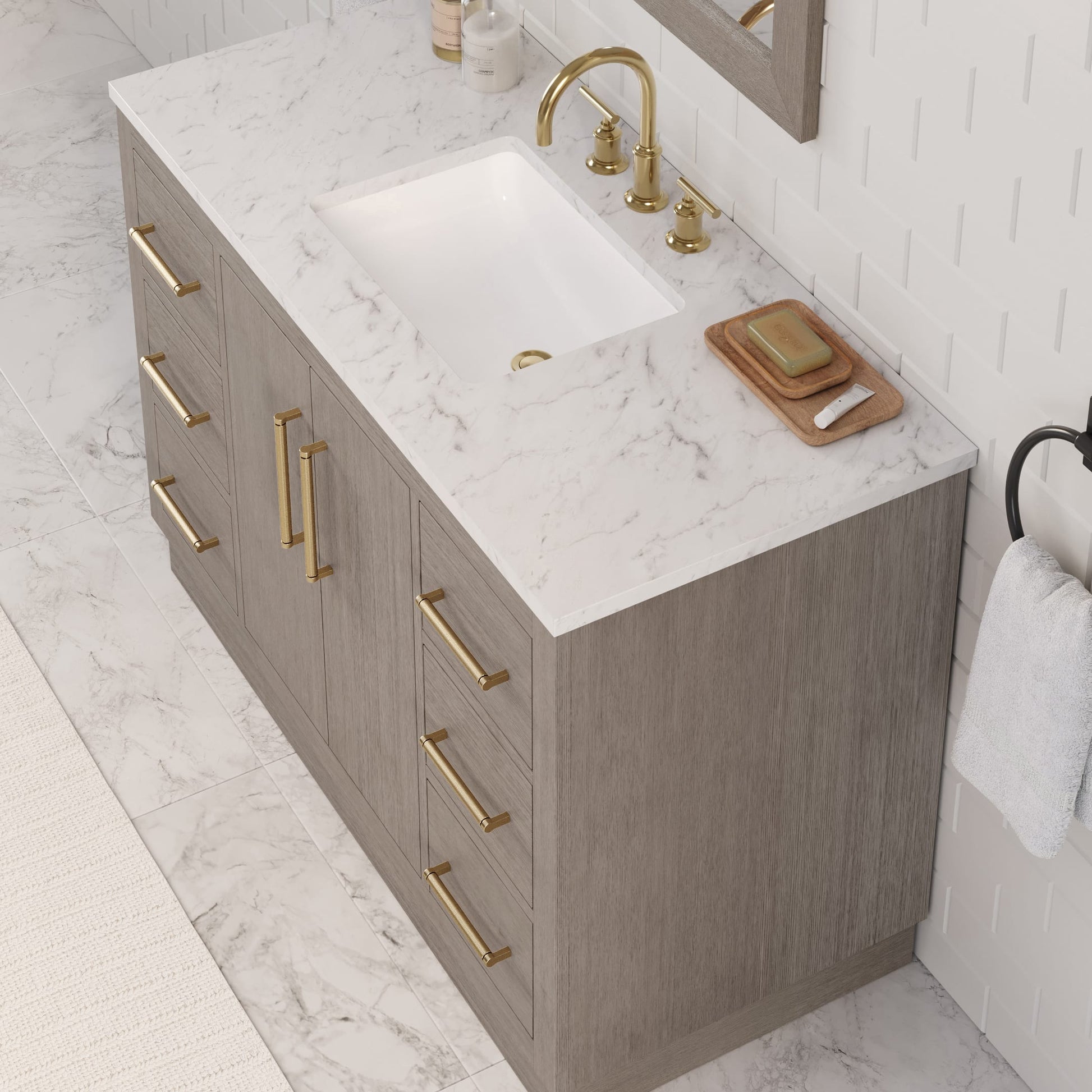 Hugo 48 in. Bath Vanity in Grey Oak with Marble Vanity Top in White with White Basin | Water Creation