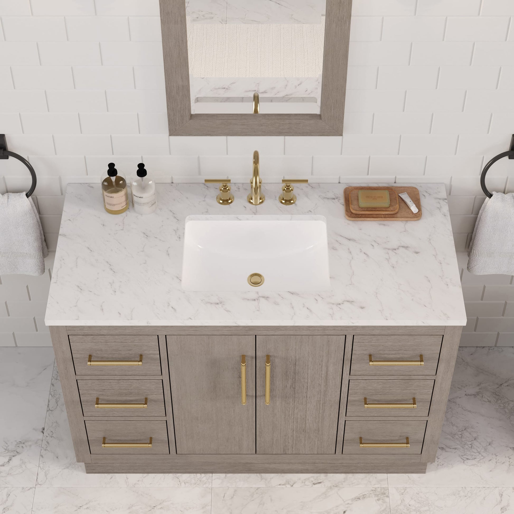 Hugo 48 in. Bath Vanity in Grey Oak with Marble Vanity Top in White with White Basin | Water Creation