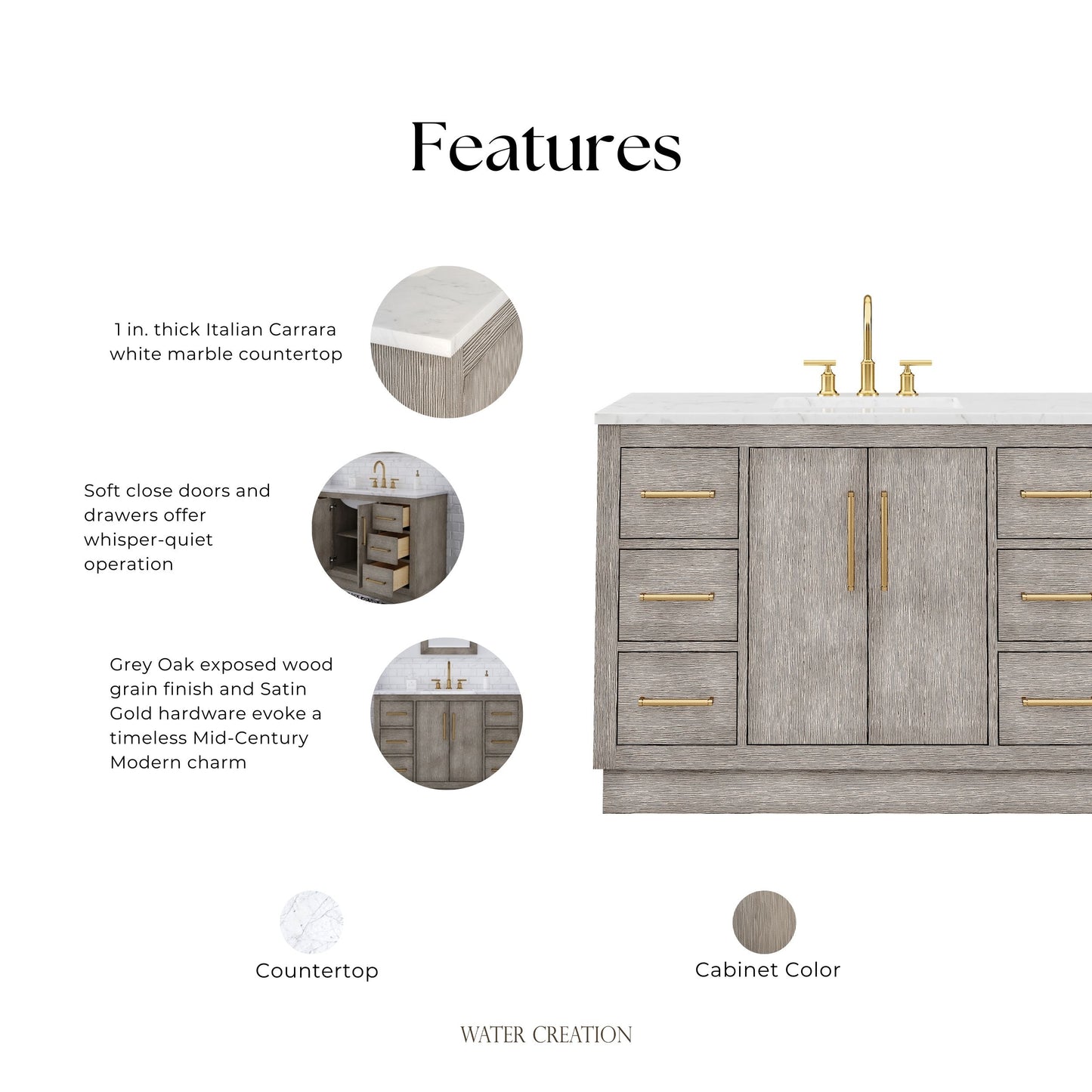 Hugo 48 in. Bath Vanity in Grey Oak with Marble Vanity Top in White with White Basin | Water Creation