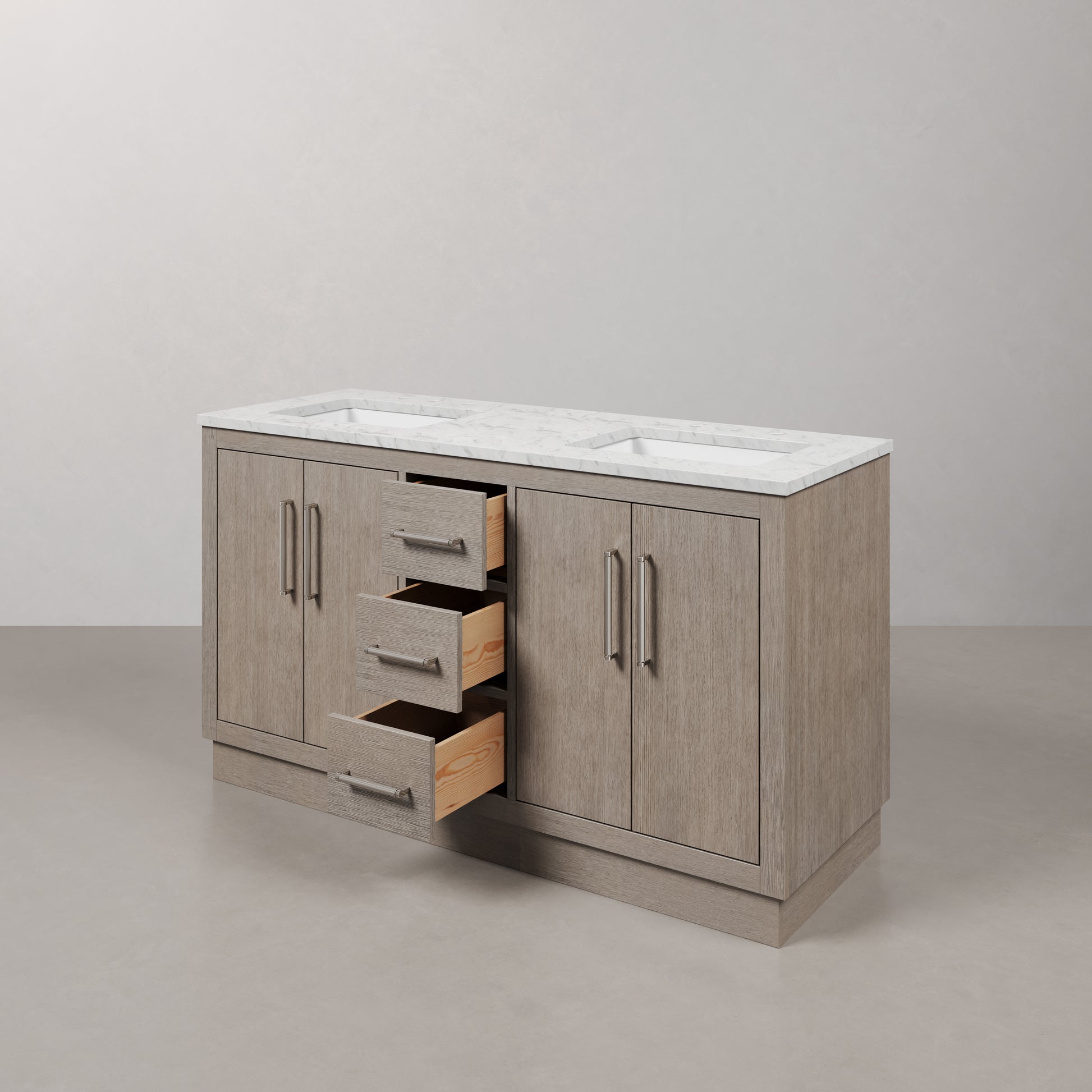 Hugo 60 in. Bath Vanity in Grey Oak with Marble Vanity Top in White with White Basin | Water Creation