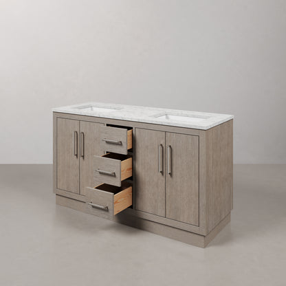 Hugo 60 in. Bath Vanity in Grey Oak with Marble Vanity Top in White with White Basin | Water Creation