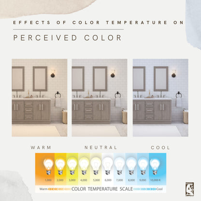 Color temperature comparison of the 60 inch Water Creation Hugo grey oak double sink bathroom vanity under warm, neutral, and cool light