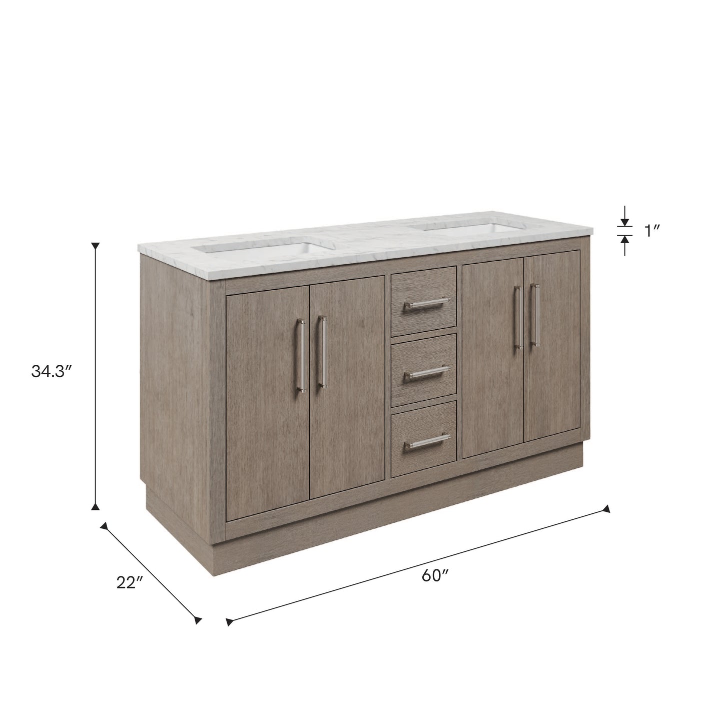Dimensions diagram for the 60 inch Water Creation Hugo grey oak double sink bathroom vanity with white marble top