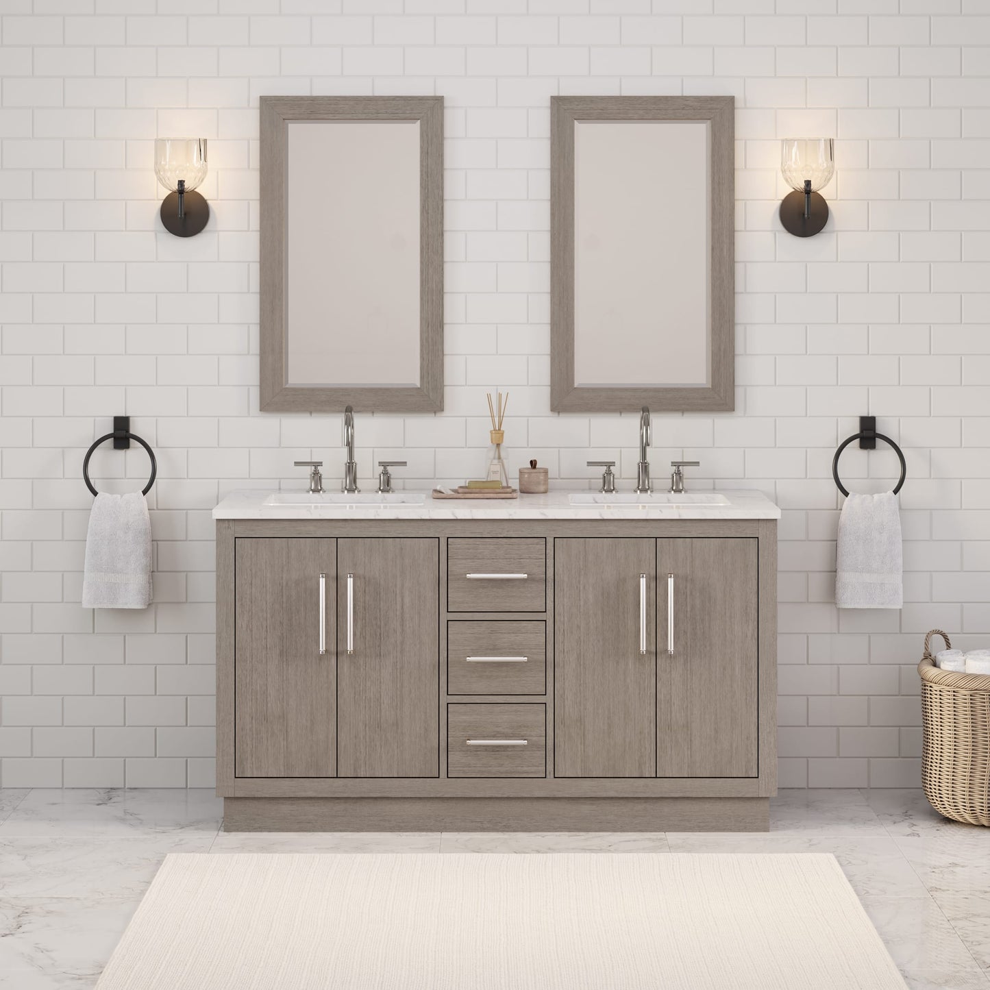 Hugo 60 in. Bath Vanity in Grey Oak with Marble Vanity Top in White with White Basin | Water Creation