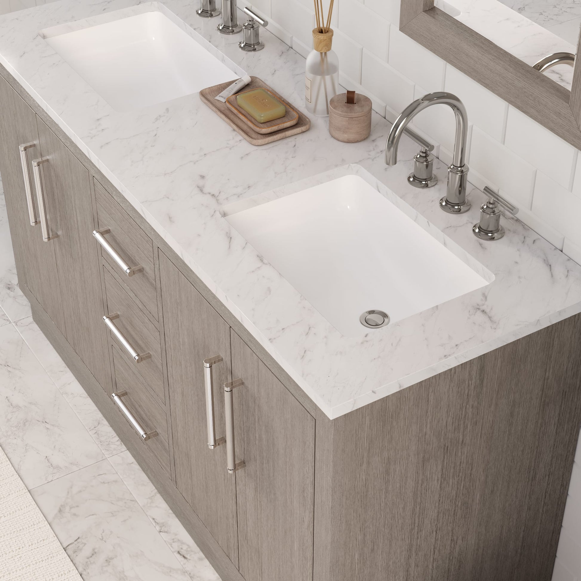 Hugo 60 in. Bath Vanity in Grey Oak with Marble Vanity Top in White with White Basin | Water Creation