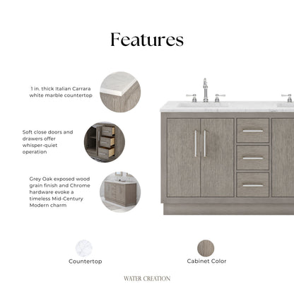 Hugo 60 in. Bath Vanity in Grey Oak with Marble Vanity Top in White with White Basin | Water Creation