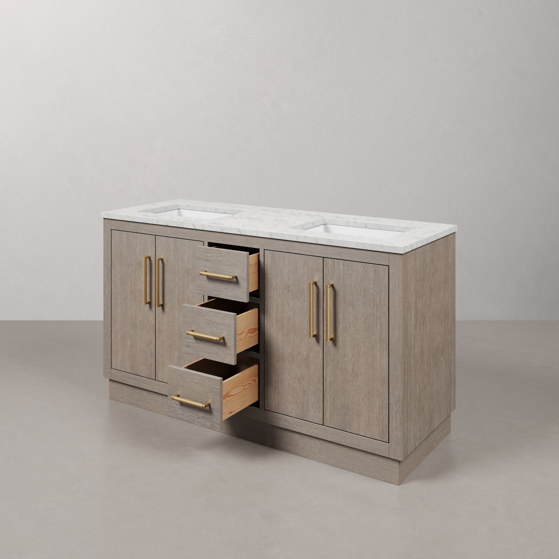 Hugo 60 in. Bath Vanity in Grey Oak with Marble Vanity Top in White with White Basin | Water Creation