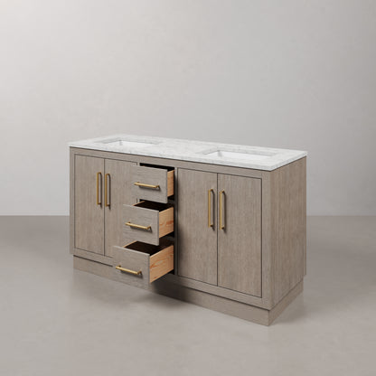 Hugo 60 in. Bath Vanity in Grey Oak with Marble Vanity Top in White with White Basin | Water Creation