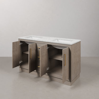 Hugo 60 in. Bath Vanity in Grey Oak with Marble Vanity Top in White with White Basin | Water Creation