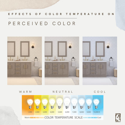 Color temperature comparison of the 60 inch Water Creation Hugo grey oak double sink bathroom vanity under warm, neutral, and cool light
