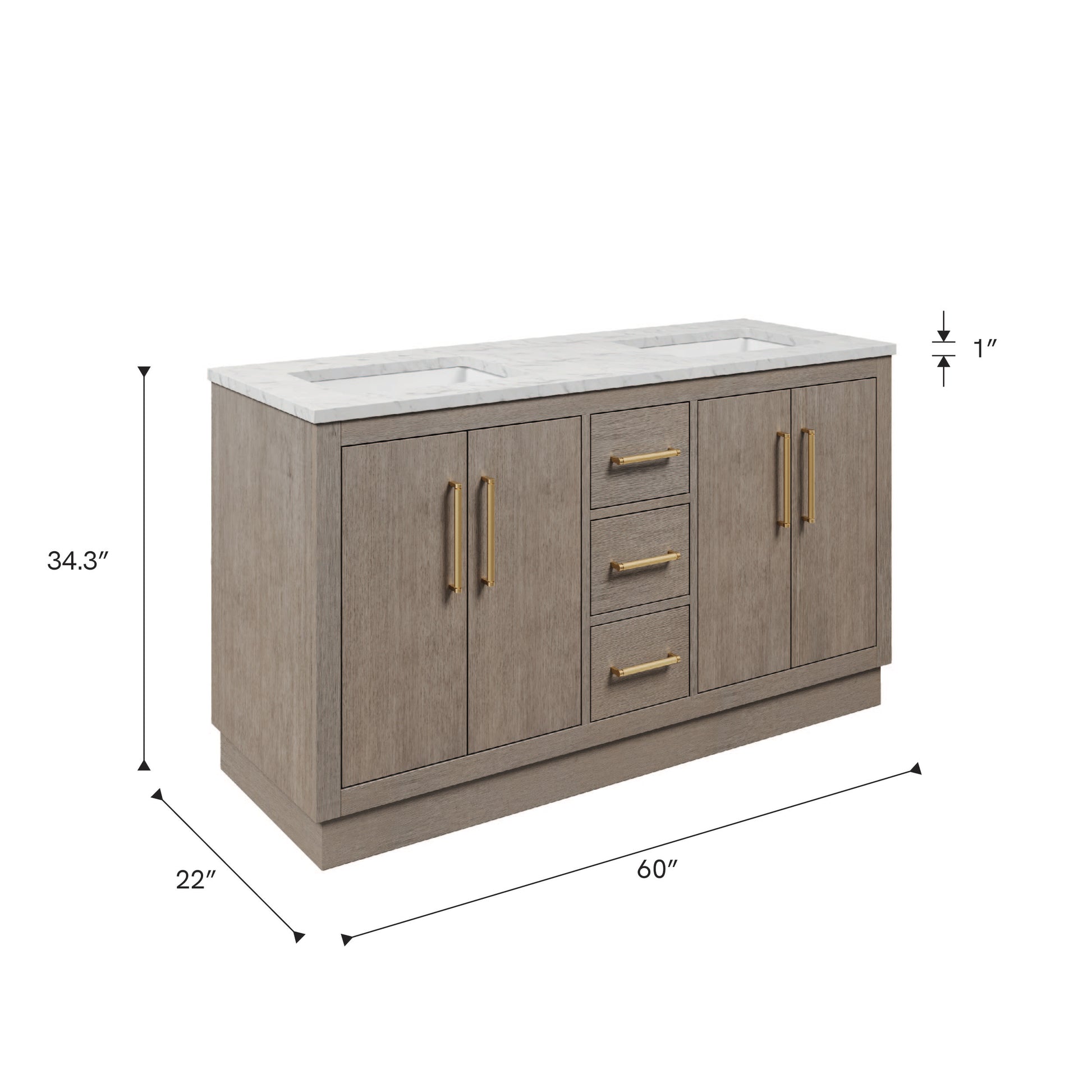 Dimensions diagram for the 60 inch Water Creation Hugo grey oak double sink bathroom vanity with white marble top