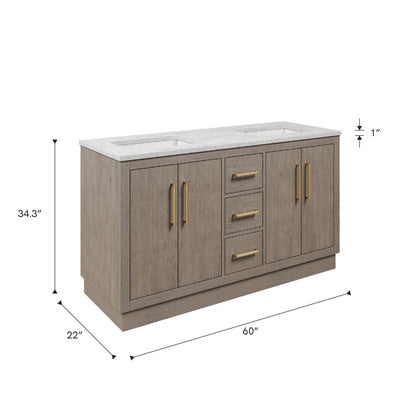 Dimensions diagram for the 60 inch Water Creation Hugo grey oak double sink bathroom vanity with white marble top