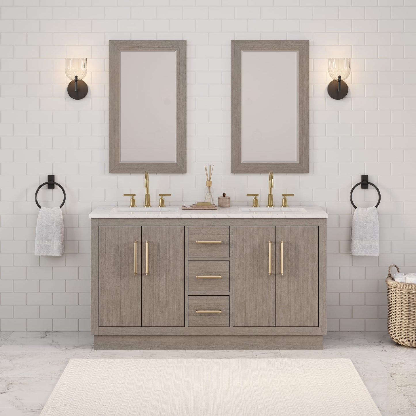 Hugo 60 in. Bath Vanity in Grey Oak with Marble Vanity Top in White with White Basin | Water Creation