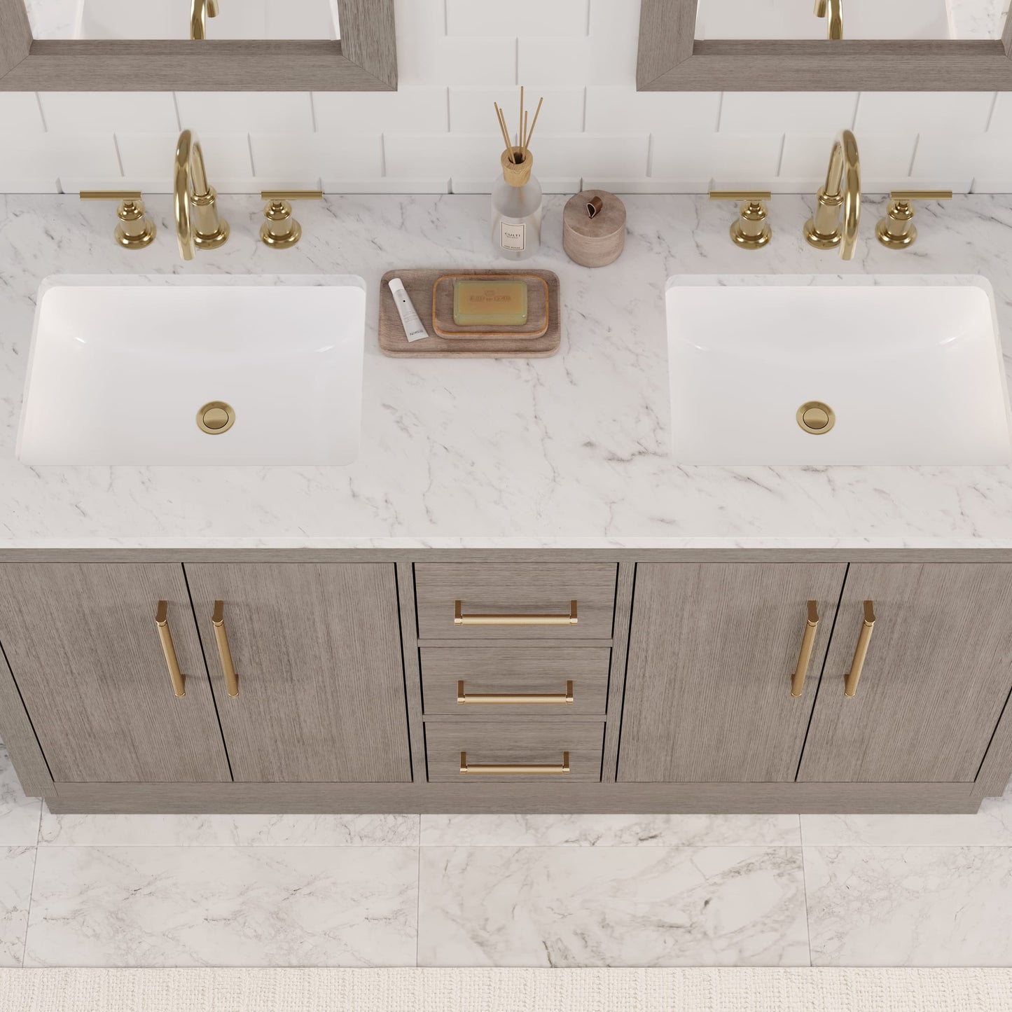 Hugo 60 in. Bath Vanity in Grey Oak with Marble Vanity Top in White with White Basin | Water Creation