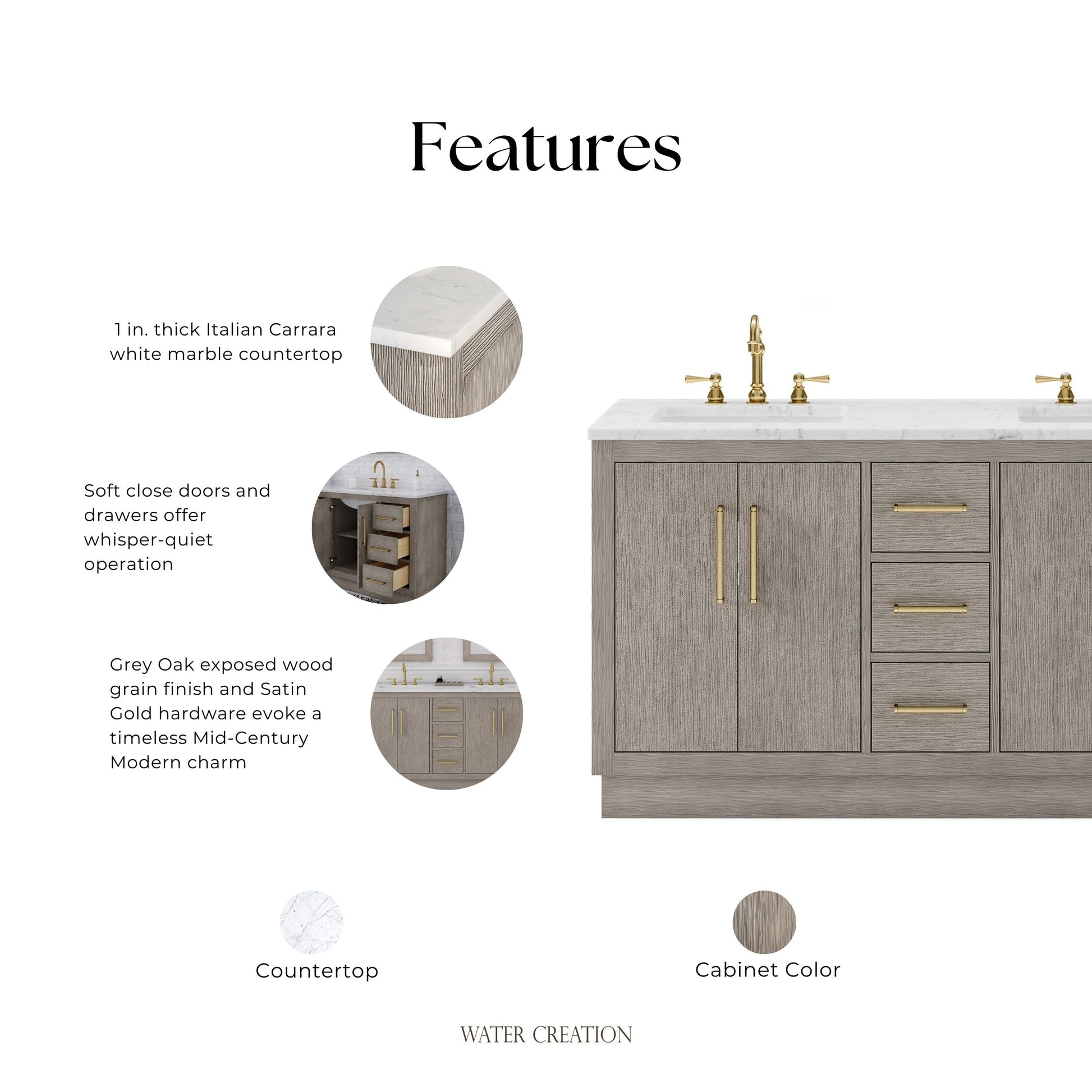 Hugo 60 in. Bath Vanity in Grey Oak with Marble Vanity Top in White with White Basin | Water Creation