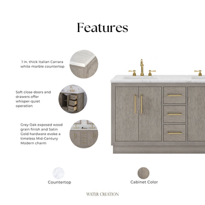 Hugo 60 in. Bath Vanity in Grey Oak with Marble Vanity Top in White with White Basin | Water Creation