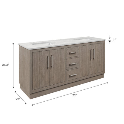 Dimensions diagram for the 72 inch Water Creation Hugo grey oak double sink bathroom vanity with white marble top