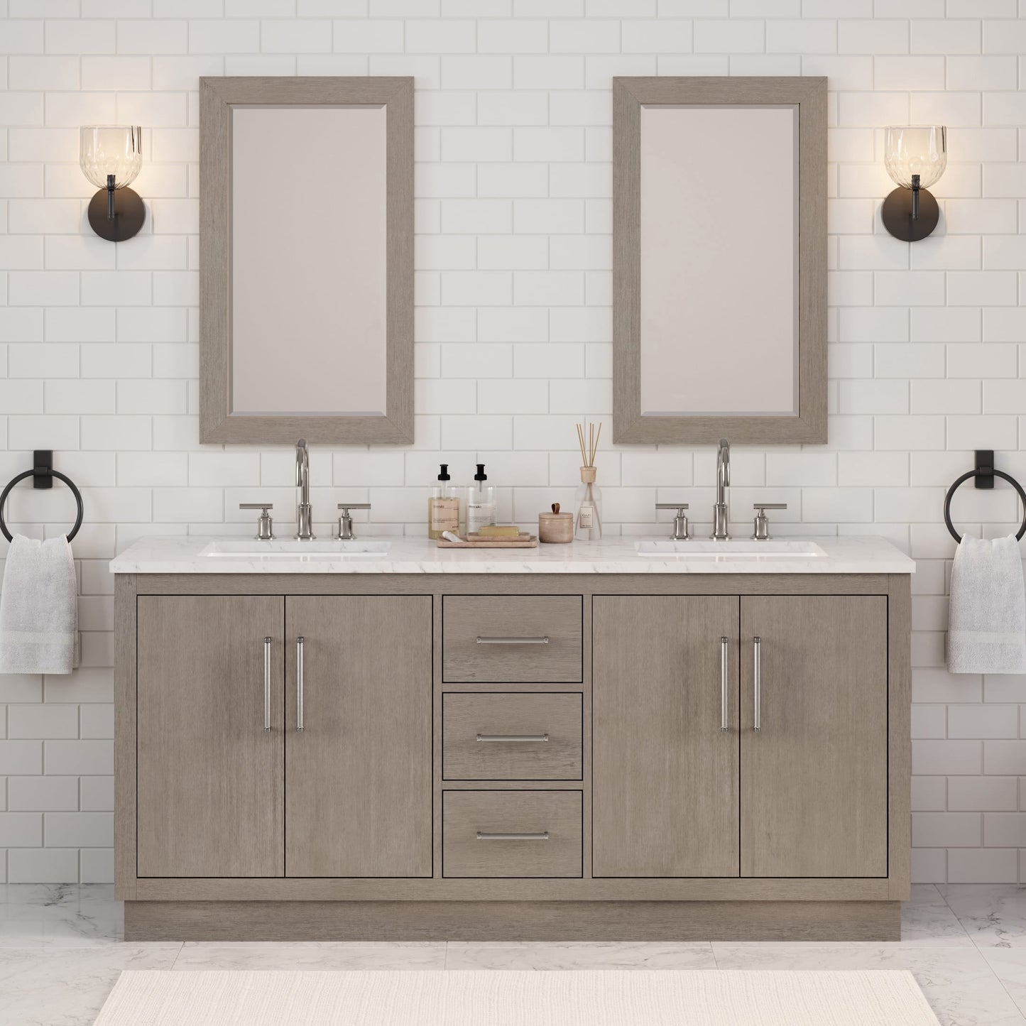 Hugo 72 in. Bath Vanity in Grey Oak with Marble Vanity Top in White with White Basin | Water Creation