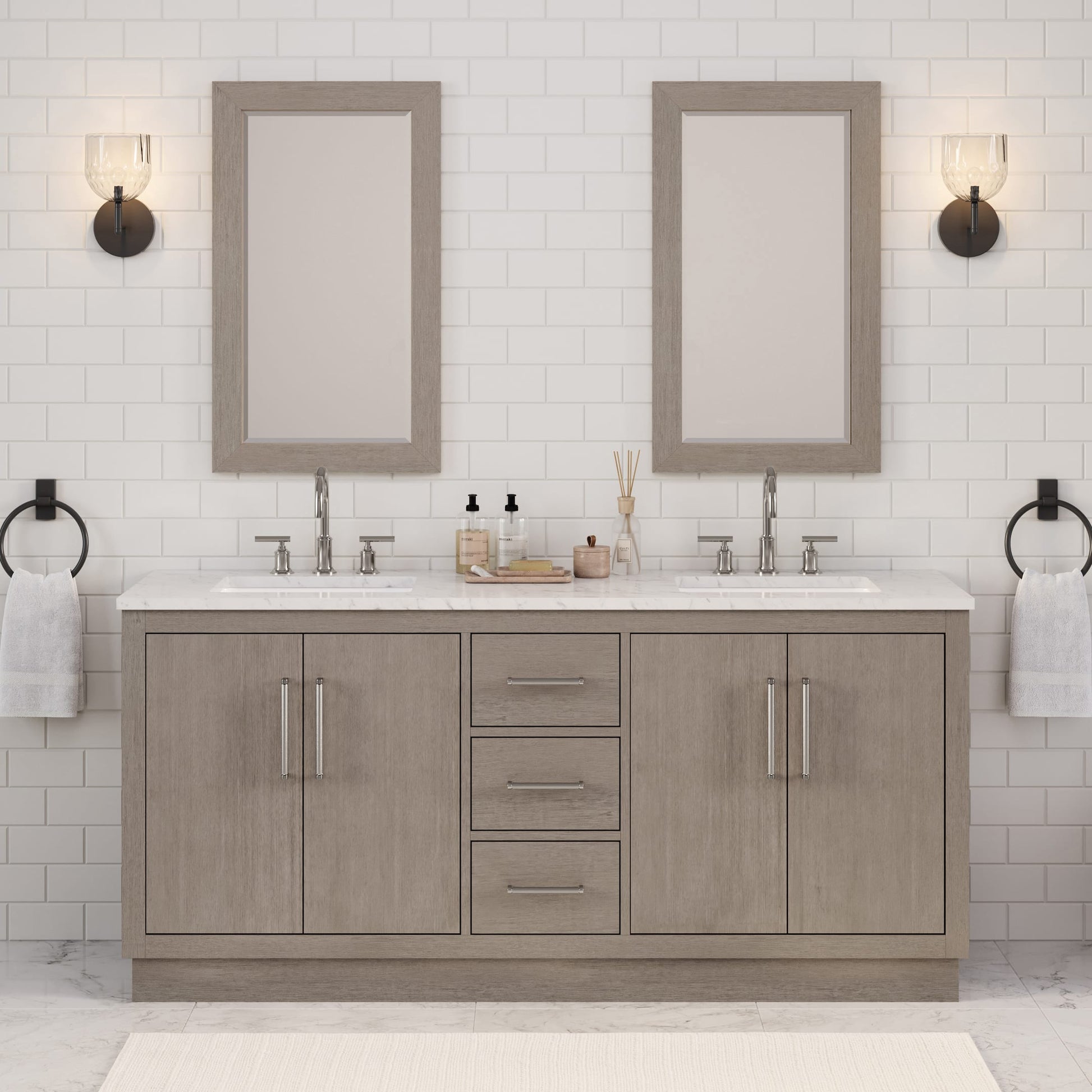 Hugo 72 in. Bath Vanity in Grey Oak with Marble Vanity Top in White with White Basin | Water Creation