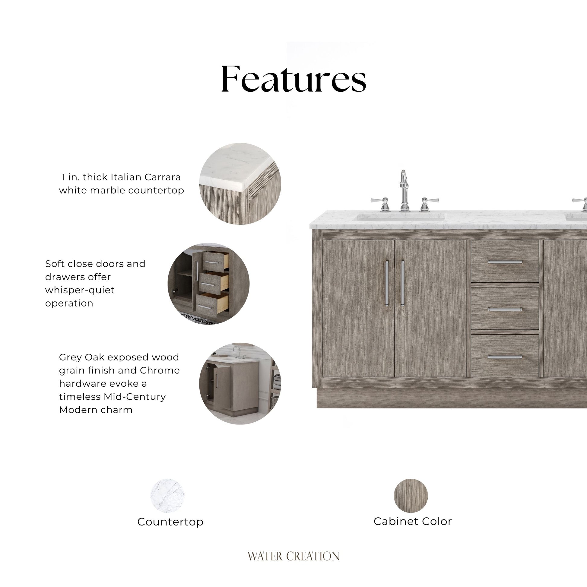 Hugo 72 in. Bath Vanity in Grey Oak with Marble Vanity Top in White with White Basin | Water Creation