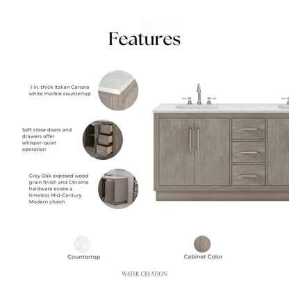 Hugo 72 in. Bath Vanity in Grey Oak with Marble Vanity Top in White with White Basin | Water Creation