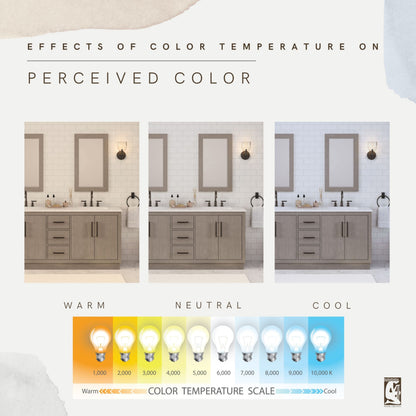 Color temperature comparison of the 72 inch Water Creation Hugo grey oak double sink bathroom vanity under warm, neutral, and cool light
