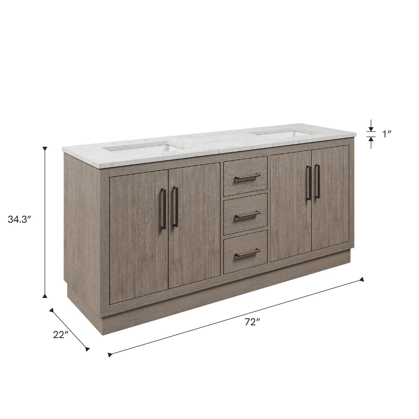 Dimensions diagram for the 72 inch Water Creation Hugo grey oak double sink bathroom vanity with white marble top