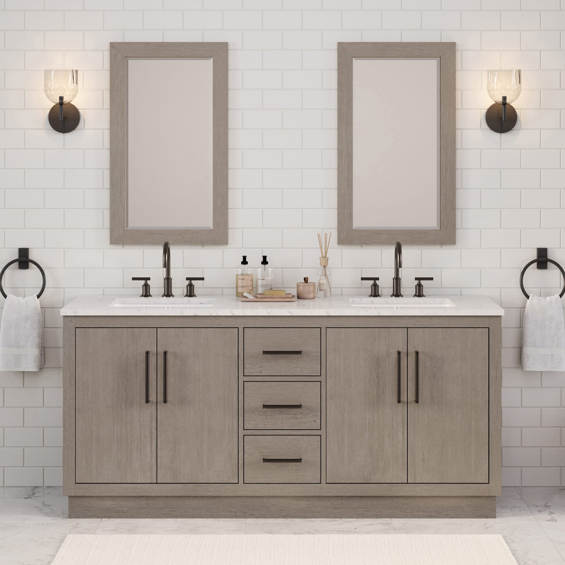 Hugo 72 in. Bath Vanity in Grey Oak with Marble Vanity Top in White with White Basin | Water Creation