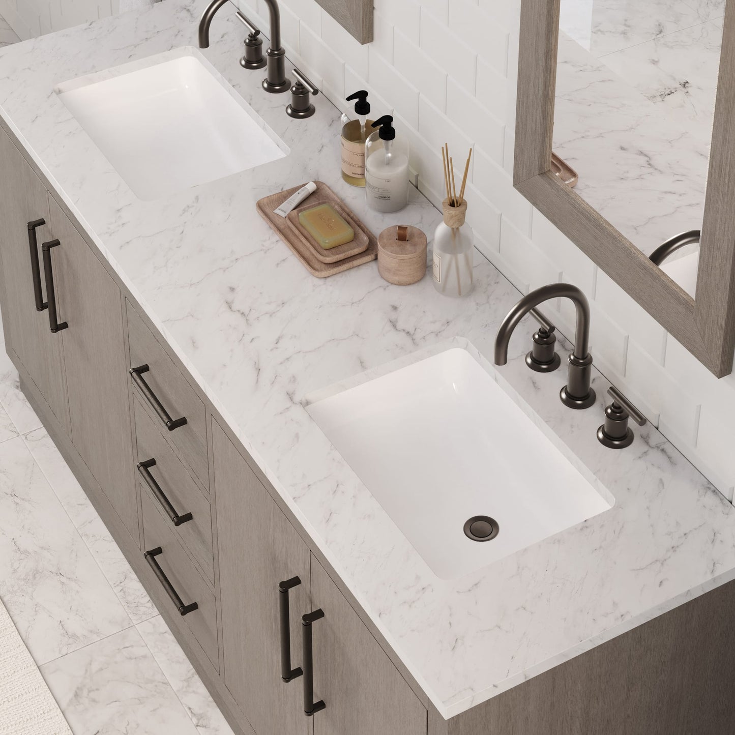 Hugo 72 in. Bath Vanity in Grey Oak with Marble Vanity Top in White with White Basin | Water Creation