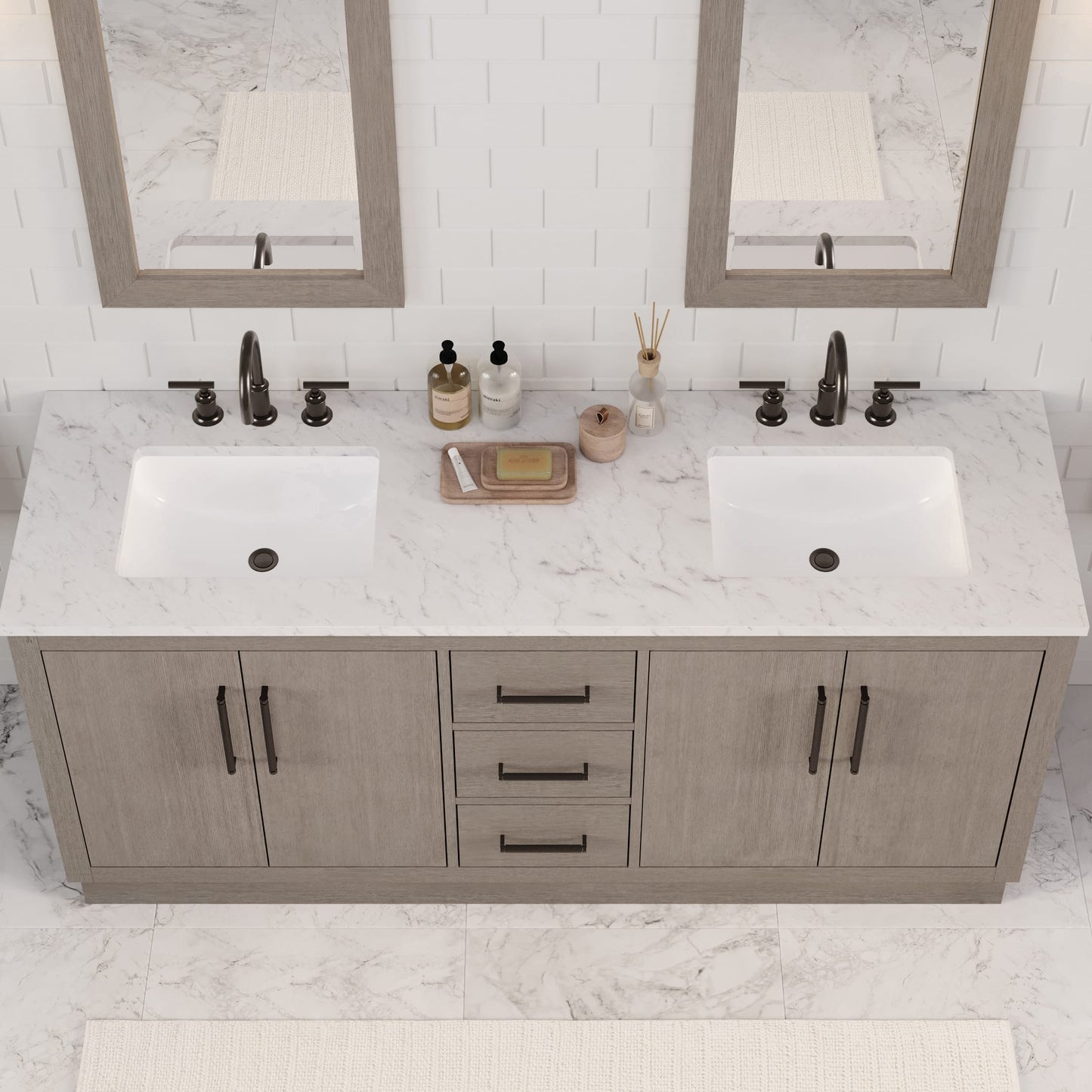 Hugo 72 in. Bath Vanity in Grey Oak with Marble Vanity Top in White with White Basin | Water Creation