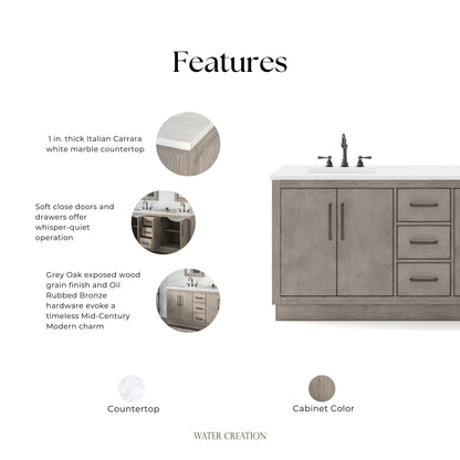 Hugo 72 in. Bath Vanity in Grey Oak with Marble Vanity Top in White with White Basin | Water Creation