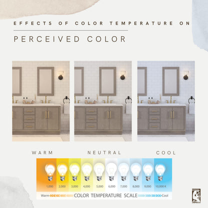 Color temperature comparison of the 72 inch Water Creation Hugo grey oak double sink bathroom vanity under warm, neutral, and cool light
