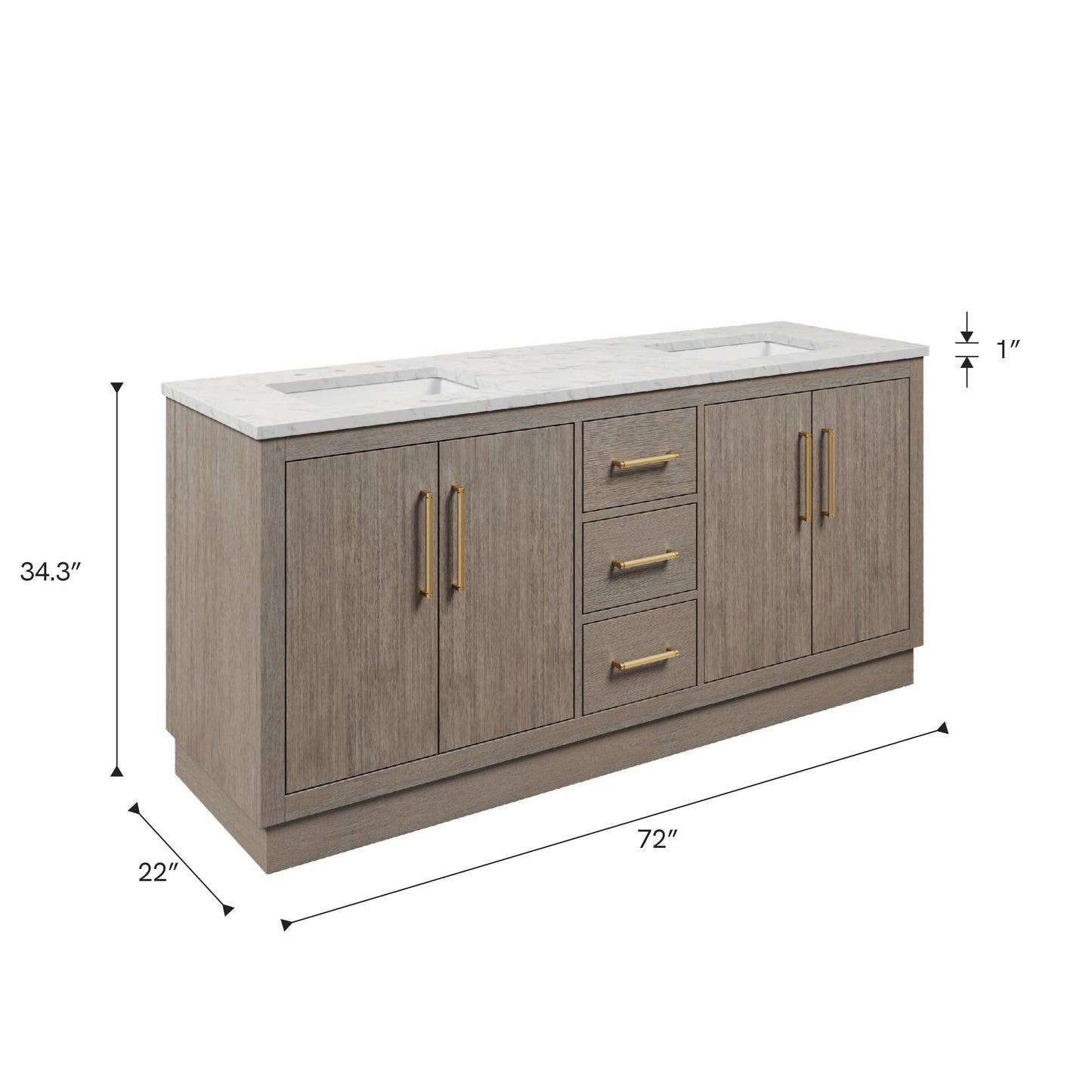 Dimensions diagram for the 72 inch Water Creation Hugo grey oak double sink bathroom vanity with white marble top
