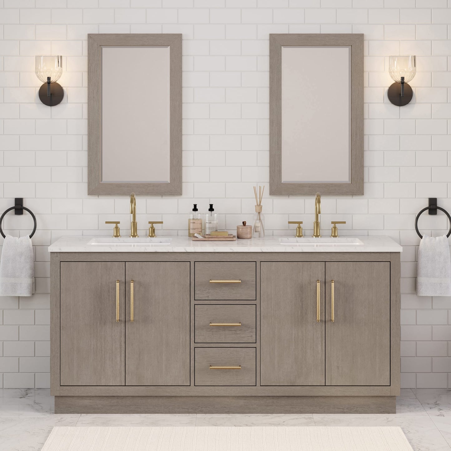 Hugo 72 in. Bath Vanity in Grey Oak with Marble Vanity Top in White with White Basin | Water Creation