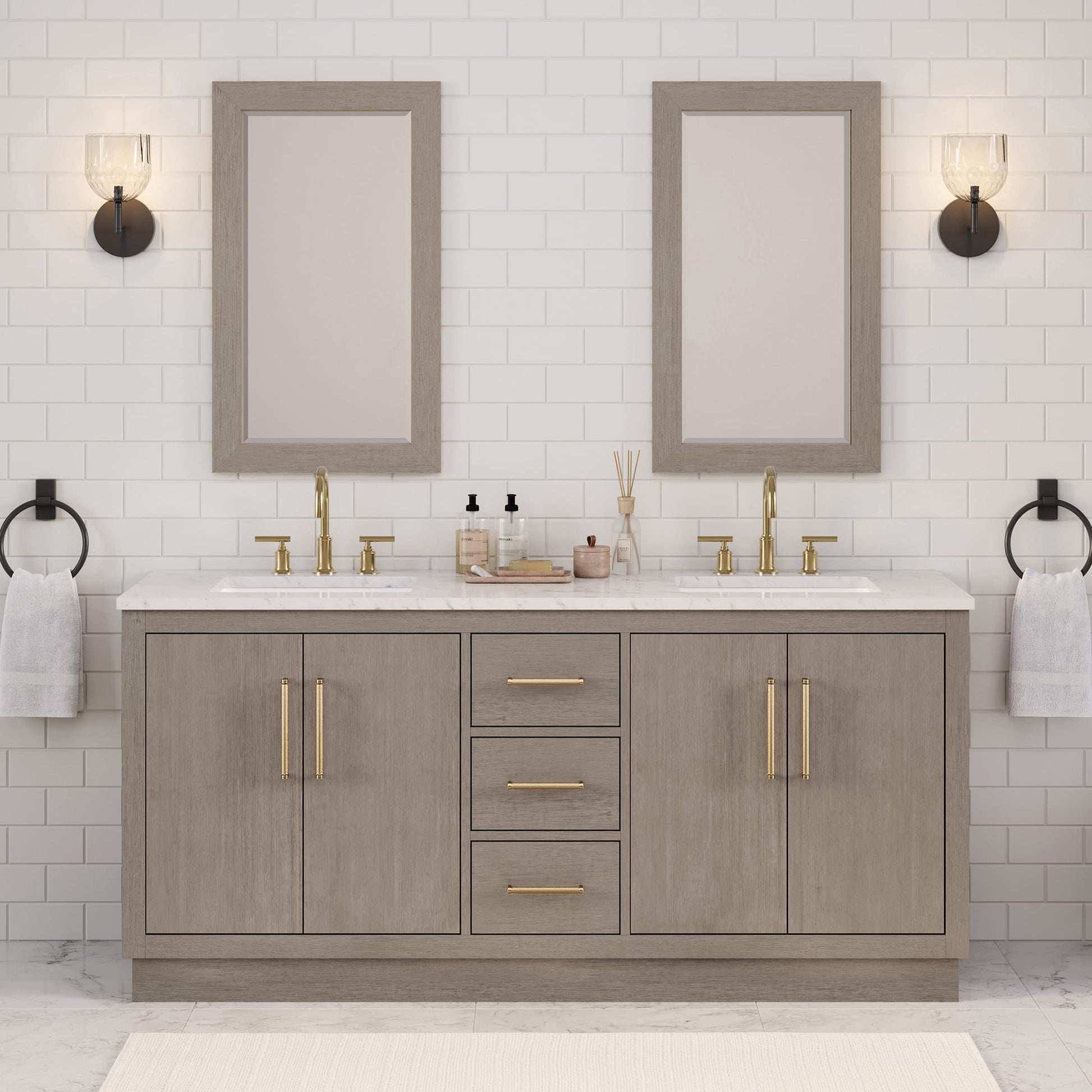 Hugo 72 in. Bath Vanity in Grey Oak with Marble Vanity Top in White with White Basin | Water Creation