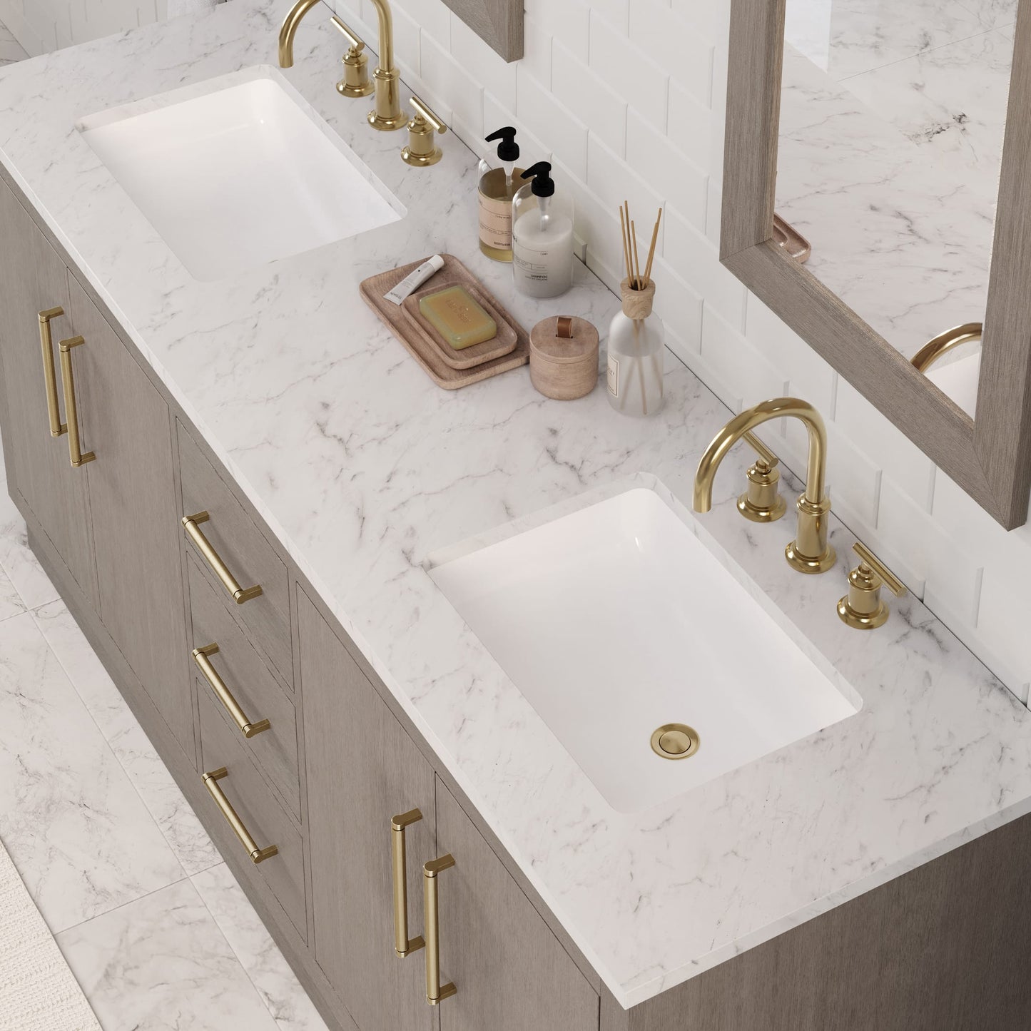 Hugo 72 in. Bath Vanity in Grey Oak with Marble Vanity Top in White with White Basin | Water Creation