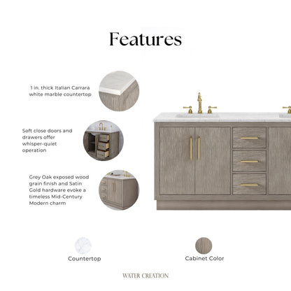 Hugo 72 in. Bath Vanity in Grey Oak with Marble Vanity Top in White with White Basin | Water Creation